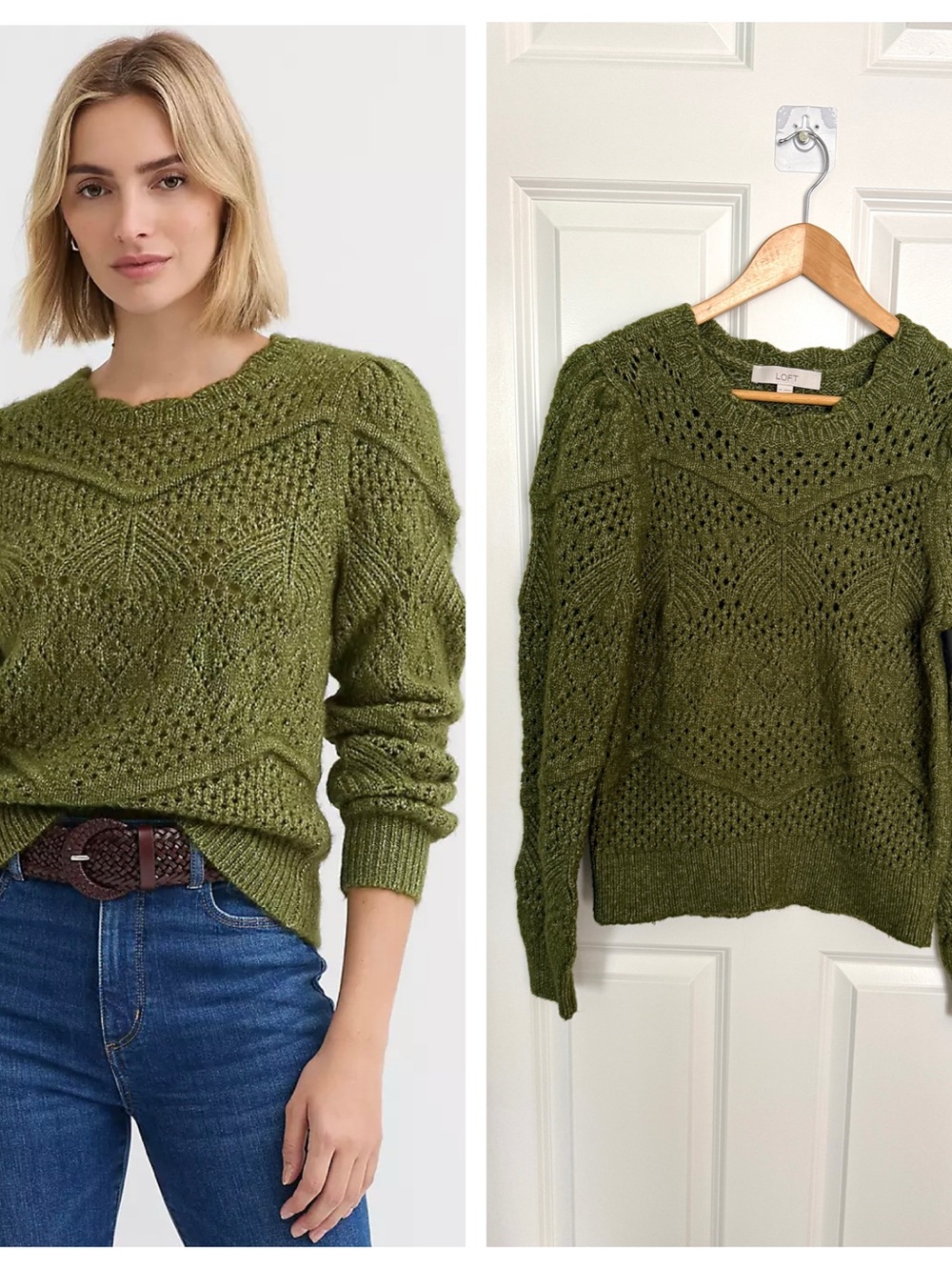 LOFT Olive Green Open-Knit Sweater Size Medium